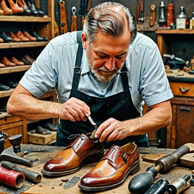 Master cobbler working on shoe sole replacement